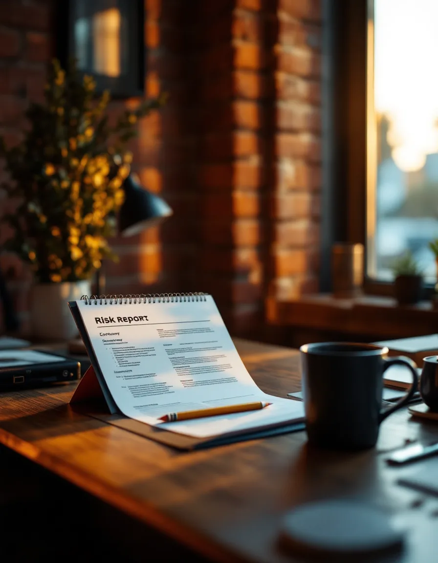 A walnut desk with an annotated report and a hardware security key in warm window light