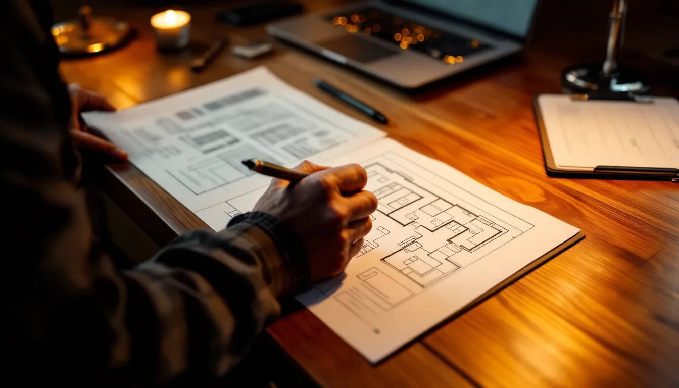 A floor plan of a small clinic being marked up with a pencil beside a laptop and clipboard