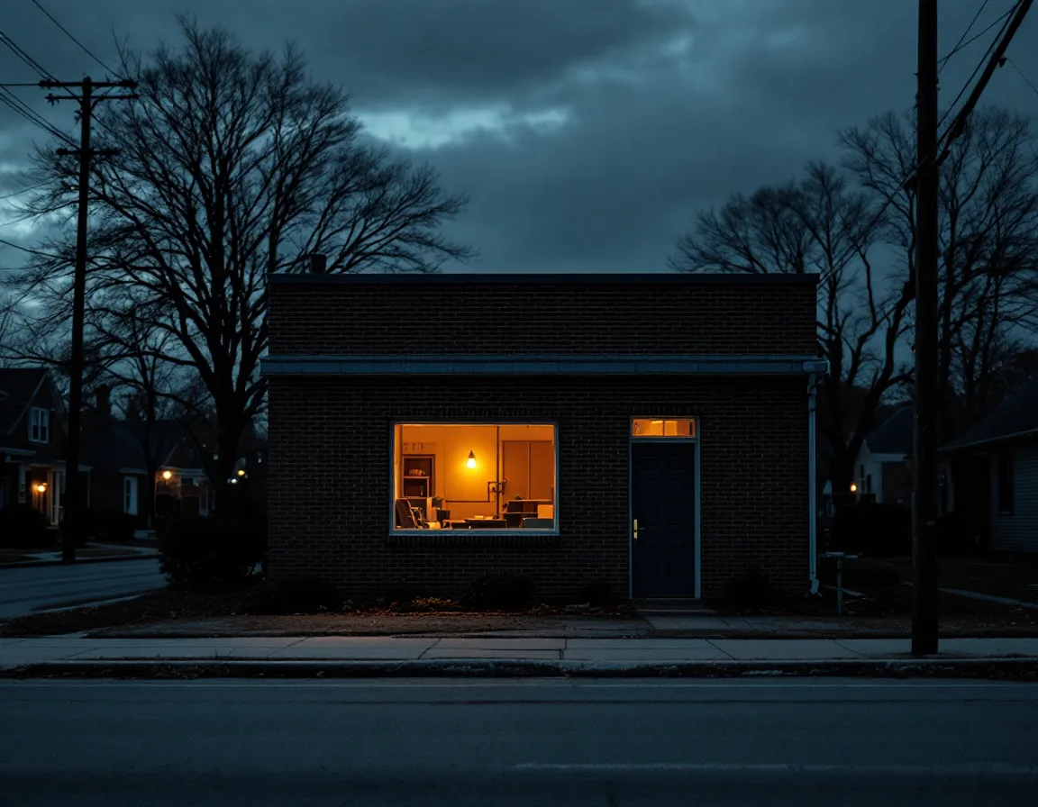 A small brick office on a quiet street at dusk with one lit window